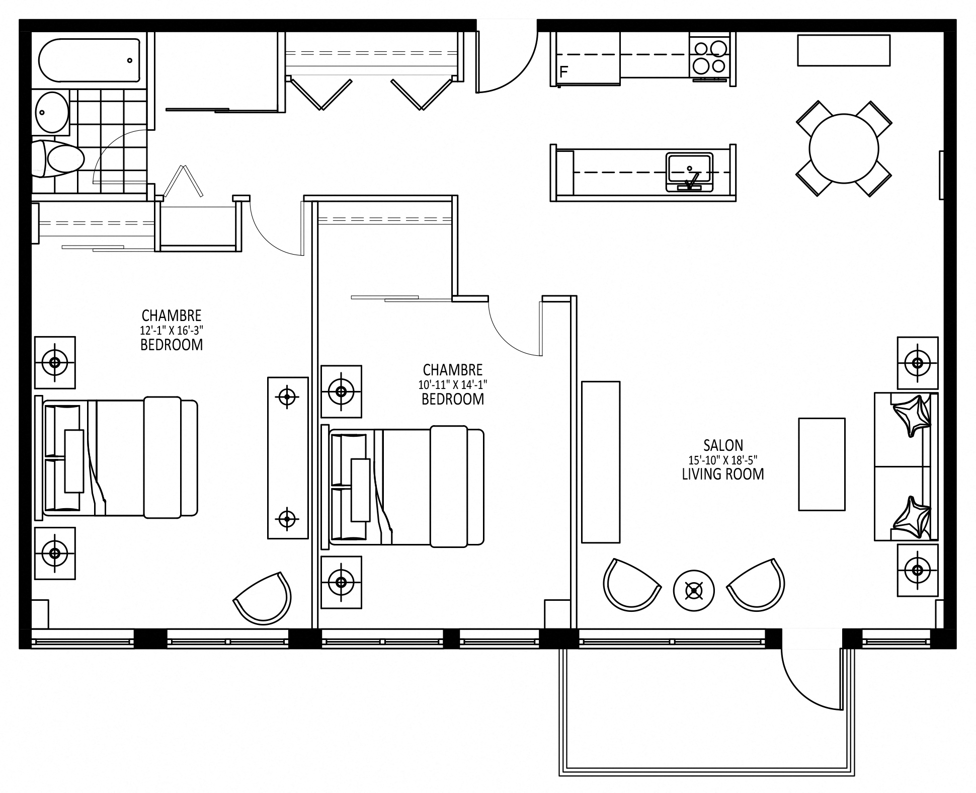 Floor plan for 2 beds, 1 bath